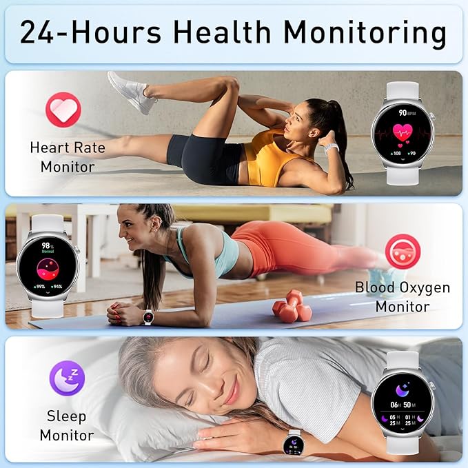 Smart Watch for Women, 1.43" HD AMOLED Bluetooth Call Smartwatch Compatible Android iPhone Phones with Fitness Tracker Counter/Heart Rate/Sleep Monitor/120+ Sports/IP68 Waterproof, Silver 2 Bands