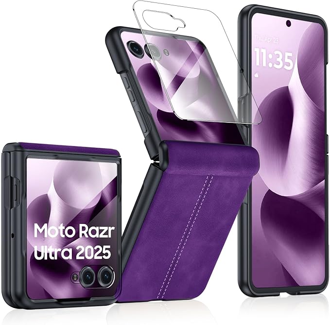 for Motorola Razr Ultra 2025 Case Built-in Screen Protector & Hinge Protection & Ultra Thin PU Leather Matte PC Shockproof Phone Cover Smartphone Case for Moto Razr Ultra 2025 (Purple)
