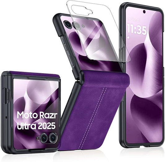 for Motorola Razr Ultra 2025 Case Built-in Screen Protector & Hinge Protection & Ultra Thin PU Leather Matte PC Shockproof Phone Cover Smartphone Case for Moto Razr Ultra 2025 (Purple)