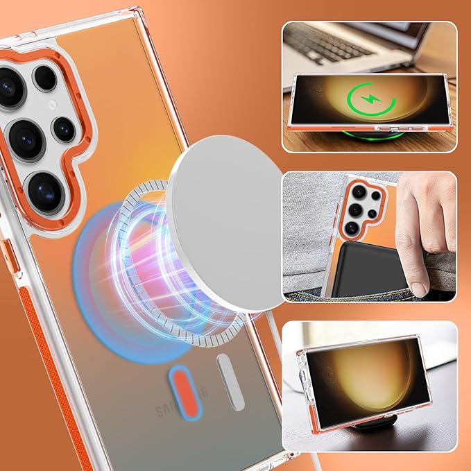 MOWIME Magnetic Case for Samsung Galaxy S23 Ultra [Compatible with Magsafe] [Cute Fashion Fluorescent Design] [1 Screen Protector] Slim Translucent Matte Case for Galaxy S23 Ultra 6.8", Orange