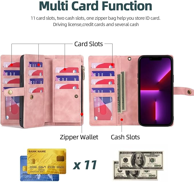 TwoHead for iPhone 12/12 Pro Wallet Case with Card Holder & Detachable Magnetic Phone Case,Leather All-Round Protection Phone Case for Women/Men,6.1IN,Pink