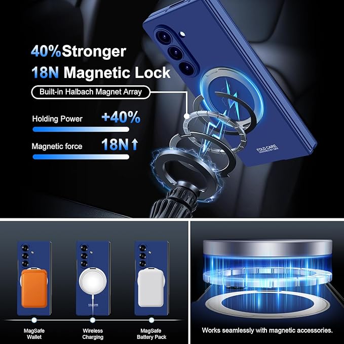 360 Spin Magnetic Stand for Samsung Galaxy Z Fold 7 Case, with Screen Protector [Compatible with MagSafe] Slim PC Hard Ring Holder Kickstand Protection Cover for Samsung Z Fold 7 Phone Case (Blue)