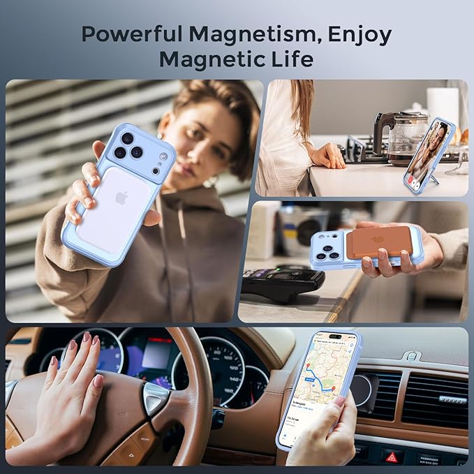 MOCCA Compatible with iPhone 17 Pro Case with Magnetic Invisible Stand [Full Camera Protection] [Compatible with Magsafe] Military Drop Shockproof Translucent Matte Phone Case Cover 6.3",Light Blue