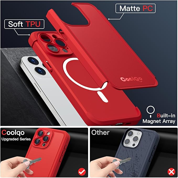 COOLQO Magnetic for iPhone 15 Pro Max Case, Compatible with MagSafe, Dual Layer Design Military Grade Protection, Translucent Matte Scratch-Resistant Back Protective Shockproof Phone Case, Red