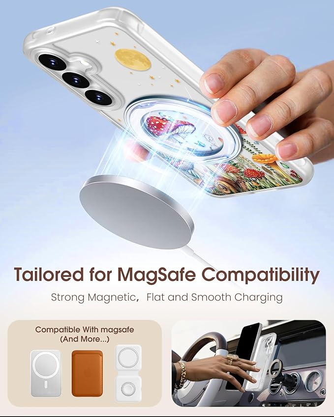 for Samsung Galaxy S25 Case with 360° Rotatable Magnetic Ring - Compatible with MagSafe, Semi-Transparent Soft-Touch Material Shockproof, Cute Mushroom & Butterfly Design for Women Girl