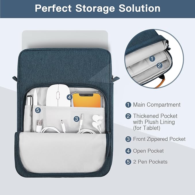 MoKo 15 Inch Laptop Sleeve Bag Fits MacBook Air 15" M2 2023, MacBook Pro 14" M2 2023, Galaxy Tab S9 Utra 14.6" 2023, Handle Carrying Case with Shoulder Strap, Indigo