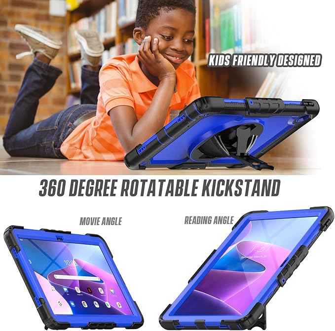 Herize Case for Tab M10 Plus Gen 3 with Screen Protector | Lenovo M10 Plus Case TB125FU/TB128FU/TB128XU with 360 Swivel Stand and Hand Strap | Heavy Duty Blue Cover