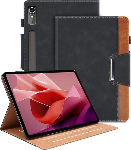 Case for Lenovo Tab P12 12.7 Inch 2023 (TB370FU) - Multi-Angle Viewing Stand Cover with Pocket, PU Leather Folio Case with Magnetic Clasp, Auto Wake/Sleep Smart Tablet Cover, Black