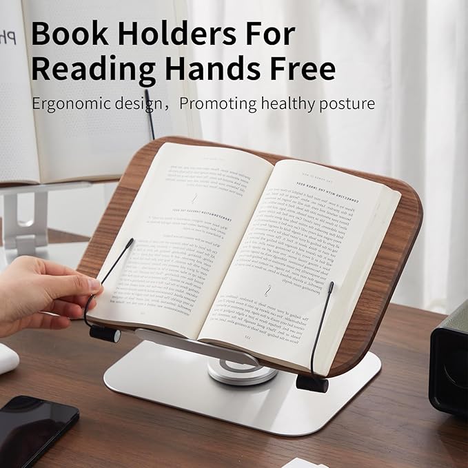 Book Stand for Reading, Mayhas Adjustable Book Holder with 360° Swivel Base&Page Clips, Foldable Desktop Stand for Cookbook, Fits All Books (Walnut, Aluminum Base)