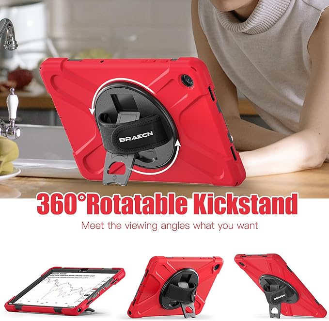 BRAECNstock for Samsung Galaxy Tab A9+ Plus Tablet Case 11 inch (SM-X210/X216/X218) Shockproof Protective Galaxy Tab A9+ Case with Screen Protector Pen Holder Rotating Hand Strap+Stand - Red