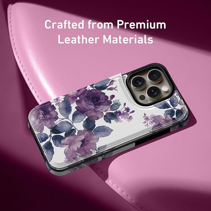 FUNMIKO for iPhone 13 Pro Wallet Case with Card Holder, RFID-Blocking, Military-Grade Protection & UV-Printed Artwork, Magnetic Closure with Leather Kickstand - Elegant Purple Floral