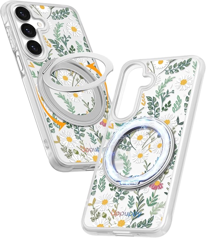 for Samsung Galaxy A16 4G/5G Case with 360° Rotatable Magnetic Ring - Semi-Transparent Anti-Fingerprint Soft-Touch Material Shockproof, Cute Daisy Flower Design for Women Girl