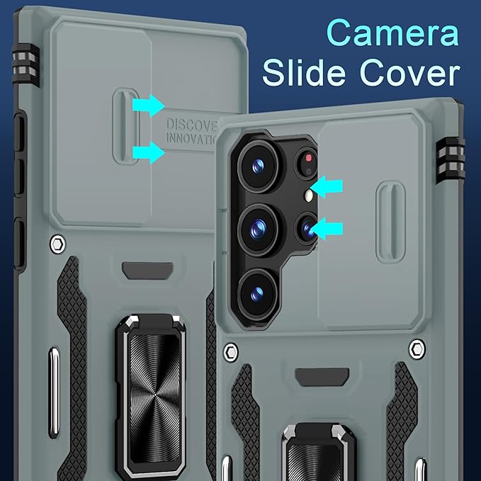 DEERLAMN Case for Samsung Galaxy S25 Ultra with Slide Camera Cover+Screen Protector (1 Pack), Rotated Ring Kickstand Military Grade Shockproof Protective Cover-Grey