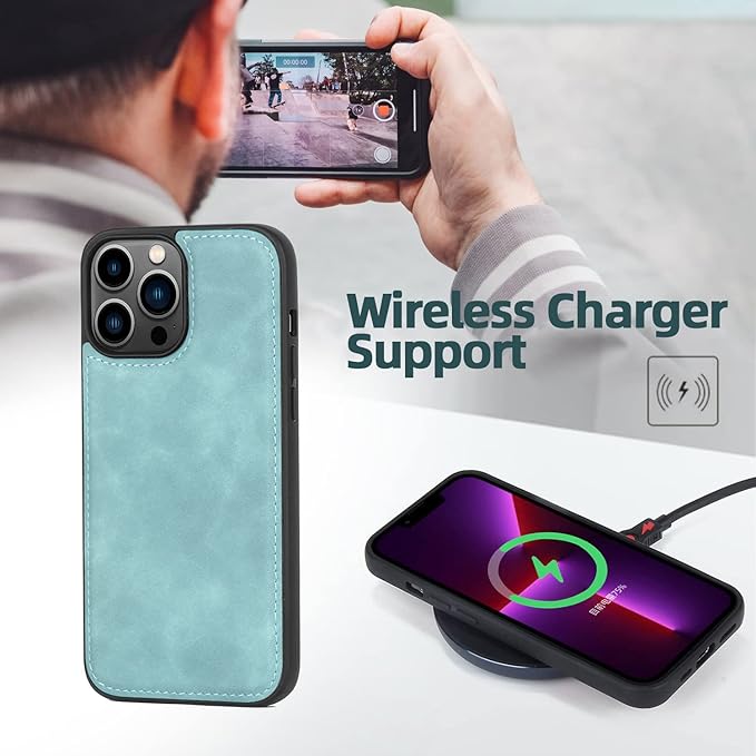 TwoHead for iPhone 13 Pro Wallet Case with Card Holder & Detachable Magnetic Phone Case, PU Leather Shockproof Protective Cover,Wrist Strap(Dream Blue)