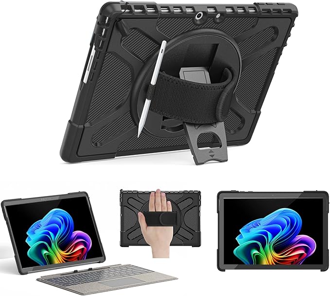 Junfire Protective Case for Microsoft Surface Pro 11/Pro 10/Pro 9, Shockproof Rugged Case 13 inch with 360°Rotatable Kickstand/Hand Strap/Stylus Holder, Compatible with Type Cover Keyboard-Black