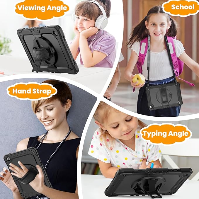 SEYMAC stock Case for Samsung Galaxy Tab A9+ Plus 11'', Full-Body Drop Protection Case with Screen Protector Pencil Holder [360° Rotating Hand Strap] &Stand, Black