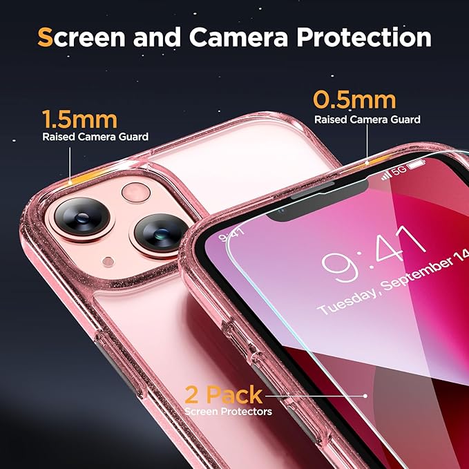 Miracase Magnetic for iPhone 13 Case 6.1 inch (Compatible with MagSafe)（with 2X Screen Protectors） Military-Grade Protection, Anti-Fingerprint Translucent Matte Phone Case Cover, Glitter Pink