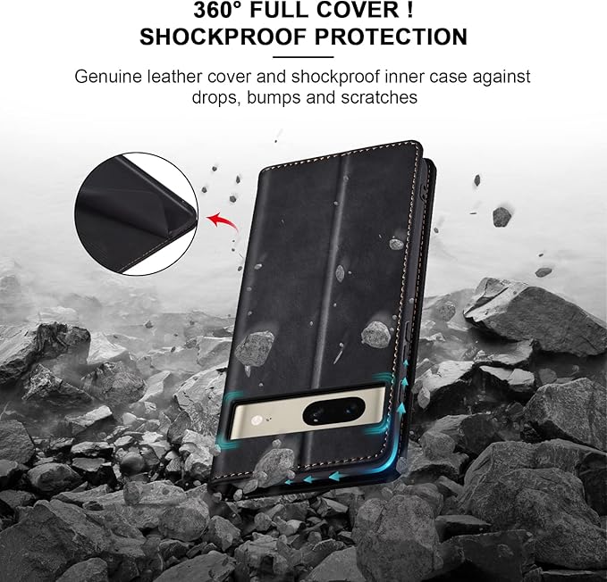 Jasonyu Flip Wallet Case for Google Pixel 7 5G,Leather Magnetic Folio Cover with Card Holder,Kickstand - TPU Shockproof Durable Protective Phone Case,Black