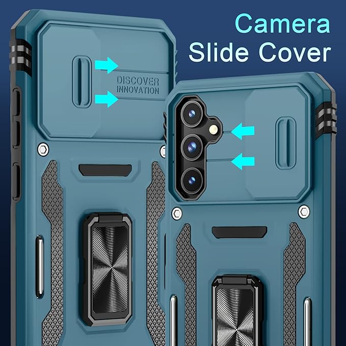 DEERLAMN Case for Samsung Galaxy S23 FE 6.4-Inch with Slide Camera Cover+Screen Protector(1 Pack),Rotated Ring Kickstand Military Grade Shockproof Protective Cover-Light Blue
