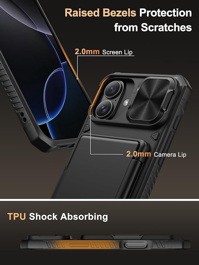 Vihibii for iPhone 16 Plus Case Wallet with Card Holder (4 Cards) [RFID Blocking] & Slide Camera Cover, Military Grade Drop Protection, Rugged Hard Back & Silicone Edge Phone Case, 6.7" 2024, Black