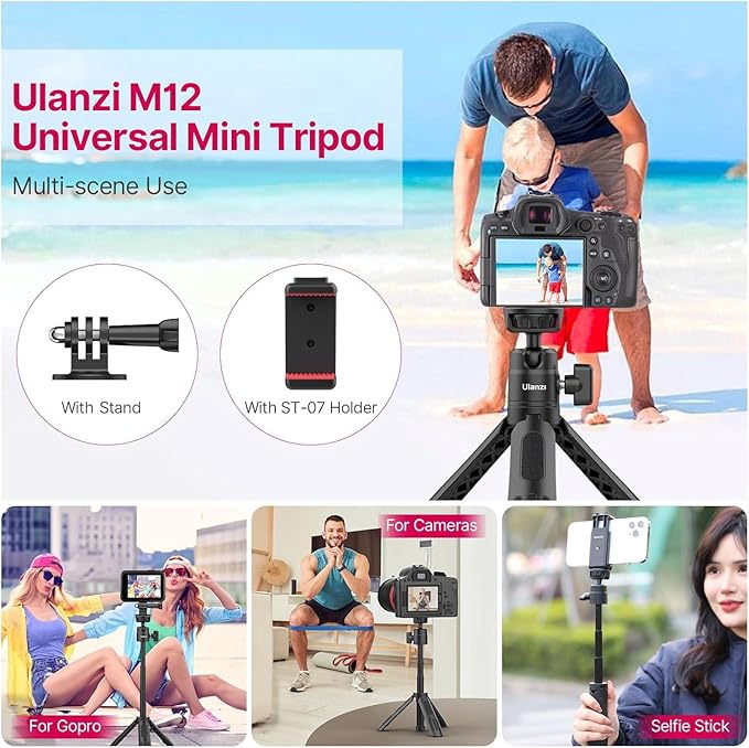 ULANZI M12 Selfie Stick for Action Camera, Portable Phone Tripod Stand with Phone Mount Action Camera Adapter 360° Ball Head, Mini Hand Grip Compatible with GoPro Hero series Smartphone DJI OSMO GoPro