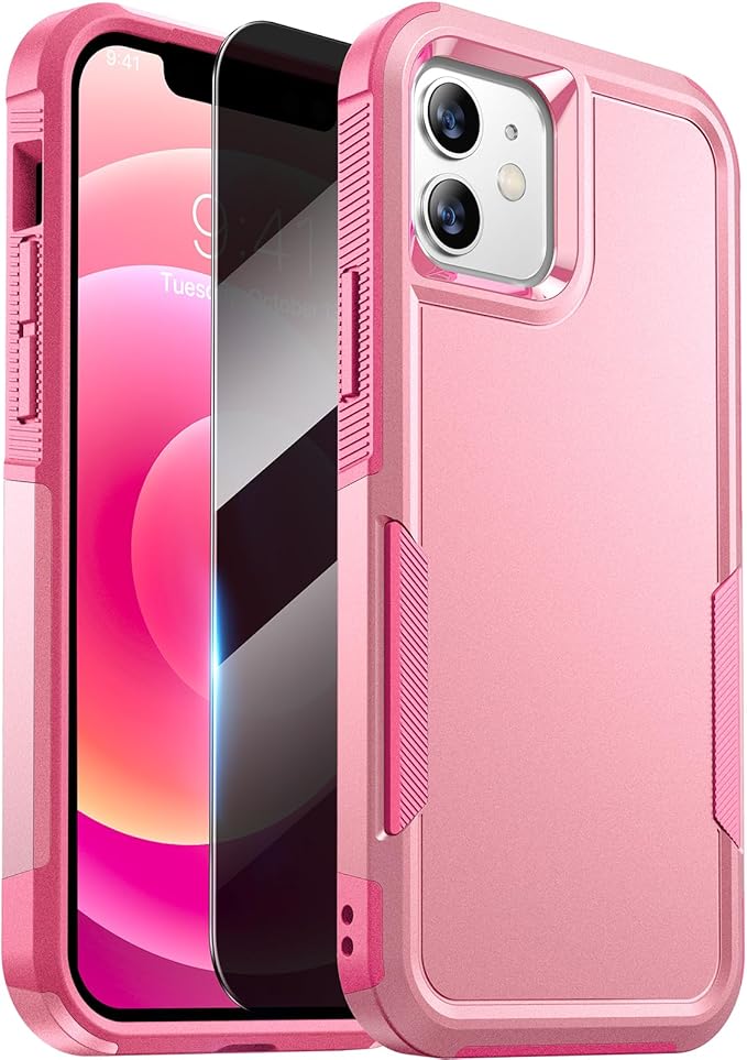 Diaclara Designed for iPhone 12 Case/iPhone 12 Pro Case, [with Privacy Screen Protector] [Anti Spy] [Military Grade Drop Protection] Heavy Duty Full-Body Shockproof Phone Case, Pink