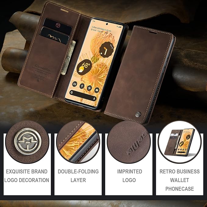 for Google Pixel 6 Pro Case, Flip Wallet Leather Case with Card Holder Magnetic Closure Shockproof Kickstand Protective Phone Cases Cover for Google Pixel 6 Pro,Coffee