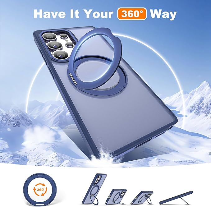 for Samsung Galaxy S25 Ultra Case with 360°Rotatable Magnetic Ring Stand Compatible with Mag-Safe Military Protection Shockproof Matte Translucent Phone Cases for S25 Ultra 6.9",Blue