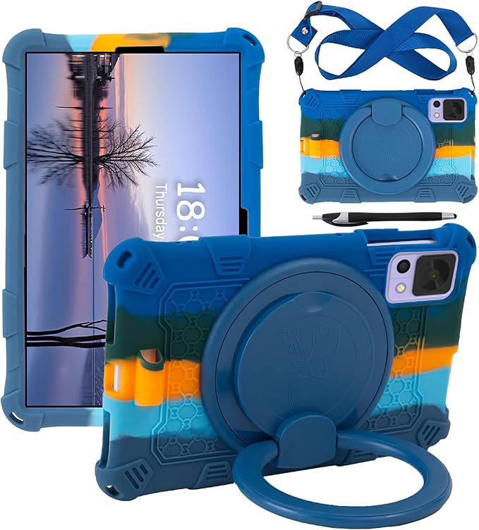 Tablet Case for ALLDOCUBE iPlay 50 Mini/60 Mini/DOOGEE T20 Mini/TCL/Samsung Galaxy Tab A 8.4 inch Soft Anti-Stress Silicone Case with Rotate Stand/Pencil Holder/Shoulder Strap/Pen (Colorful Blue)