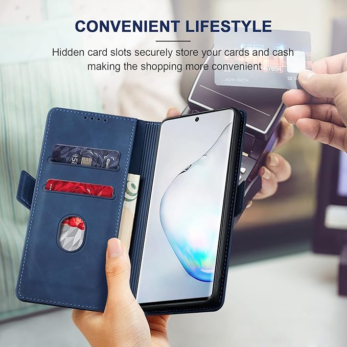 Jasonyu Flip Wallet Case for Samsung Galaxy Note 10 Plus,Leather Magnetic Folio Cover with Card Holder,Kickstand - TPU Shockproof Durable Protective Phone Case,Blue