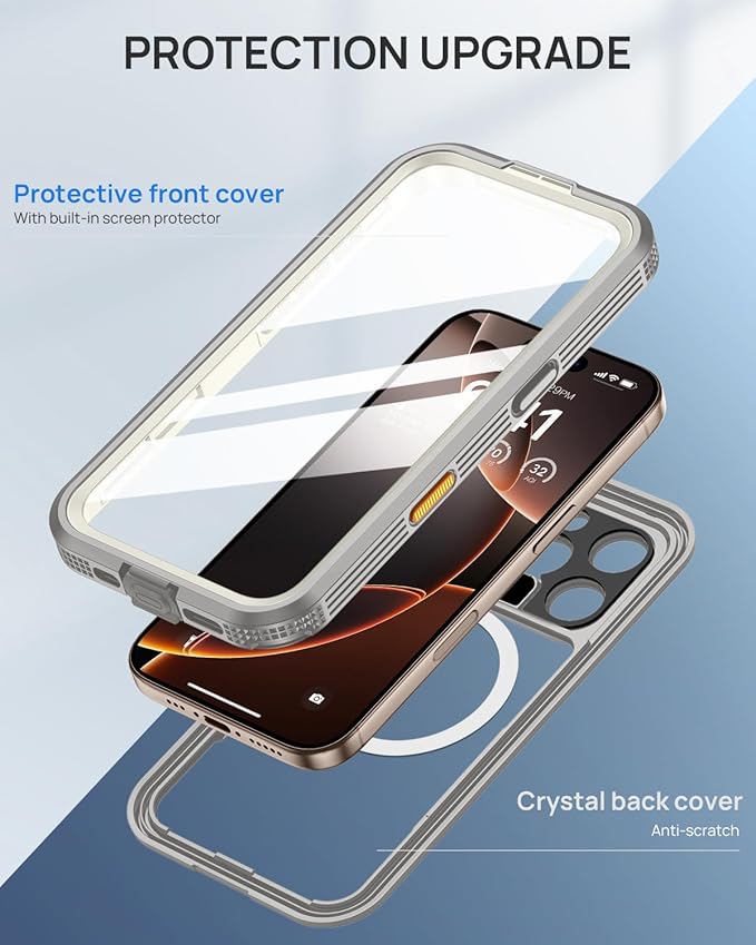Lanhiem Magnetic for iPhone 16 Pro Max Case, IP68 Waterproof Dustproof Case, [Compatible with Magsafe] [Built-in Screen Protector] Full Body Heavy Duty Rugged Phone Cover 6.9 inch, Natural
