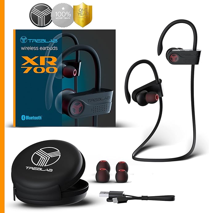 TREBLAB XR700 Wireless Earbuds - Bluetooth 5.0, IPX7 Waterproof, Noise Cancelling, Adjustable Earhooks, 9H Battery, Deep Bass, Mic - Sports Running Headphones for Workouts, Gym, Travel