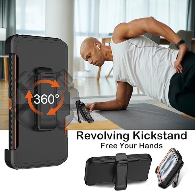 for iPhone 16 Case with 2 Screen Protectors,Heavy Duty Shockproof Drop Protection Military Grade Tri-Layer Rugged Cell Phone Cover with Belt Clip Holster & Kickstand for Apple 16 6.3“ Black Orange