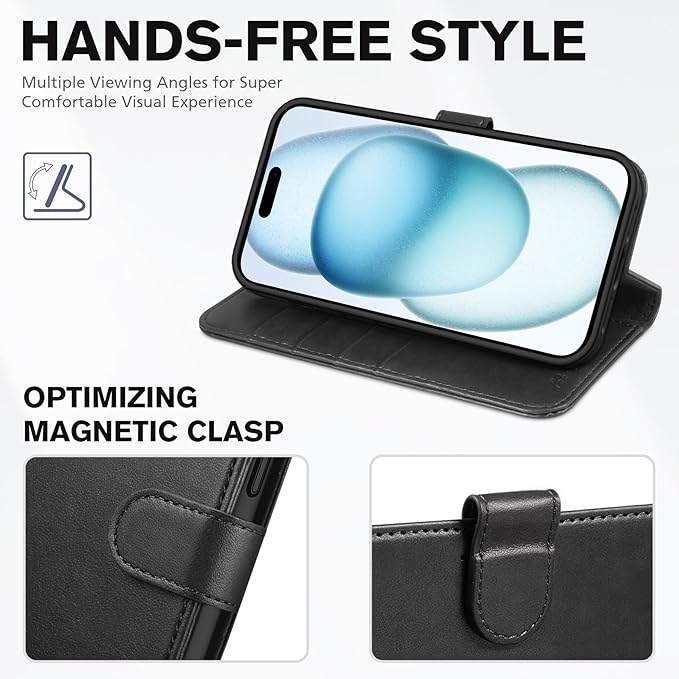 TUCCH Case Wallet for iPhone 15 Plus, [RFID Blocking] 4 Card Holder Kickstand [Shockproof TPU Interior Case] PU Leather Magnetic Protective Flip Cover 6.7", Black