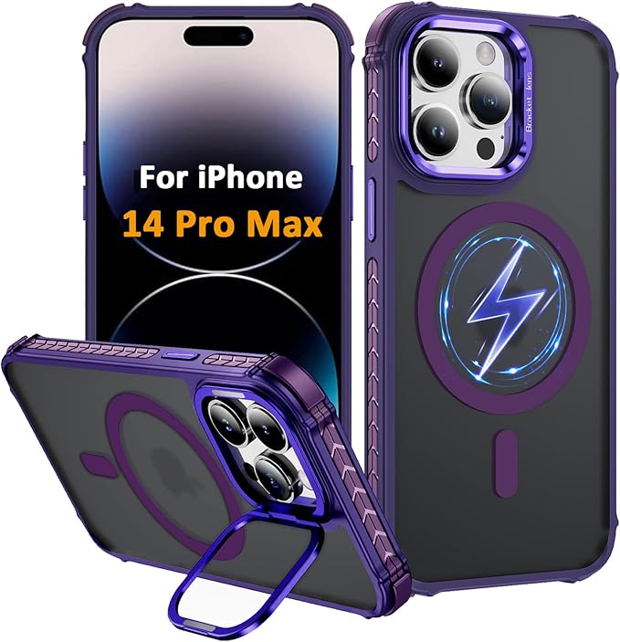 Magnetic for iPhone 14 Pro Max Case Purple with MagSafe Wireless Charging Heavy Duty Military-Grade Shockproof Protection Adjustable Kickstand Slim Matte Anti-Fingerprint Cover Men Women