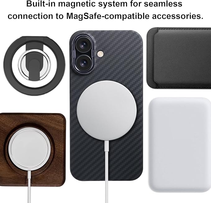 Aramid Fiber for iPhone 16 Case,Compatible with Magnet,Slim & Light Case for iPhone 16, Case-Less Touch Feeling, Black/Grey(Twill)