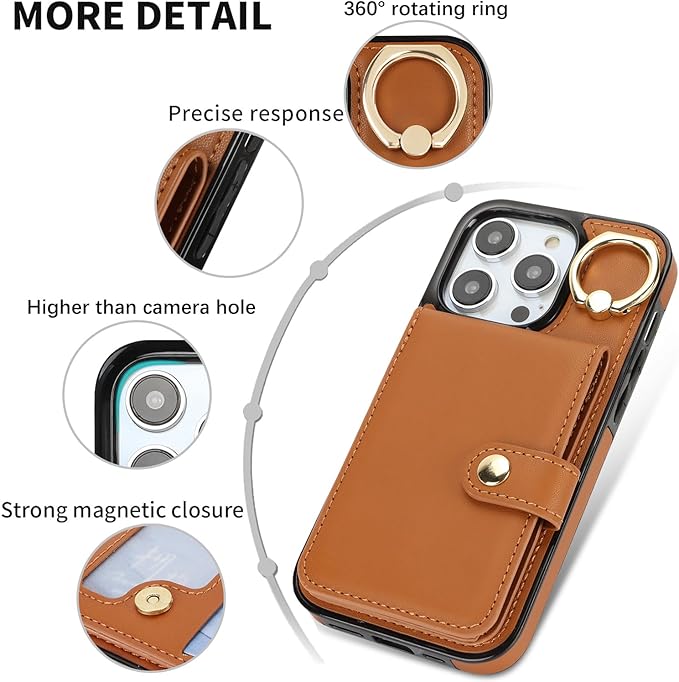 Compatible iPhone 16 Pro Wallet Case with Card Holder RFID Blocking PU Leather Doubles as a Wallet Unisex Flip Shockproof Protection with Card Slots Ring Wrist Kickstand Function,Brown