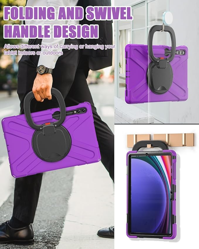 BRAECN Case for Samsung Galaxy Tab S10+/S9 FE+/S9+/S8+/S7 FE/S7+ 12.4” SM-X820/X610/X810/X800/T730/T970, Silicone Cover w/Screen Protector/Handle Grip/Kickstand/Shoulder Strap/S Pen Holder, Purple