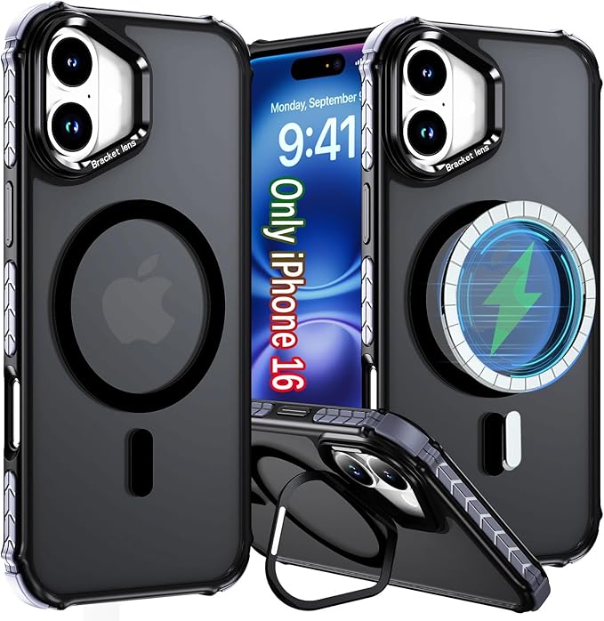 16 Phone Case for iPhone 16, 6.1 Inch, with Stand, Fits MagSafe, Military-Grade Drop Cover,Slim Shockproof Protective Case Magnetic for iPhone16，Black