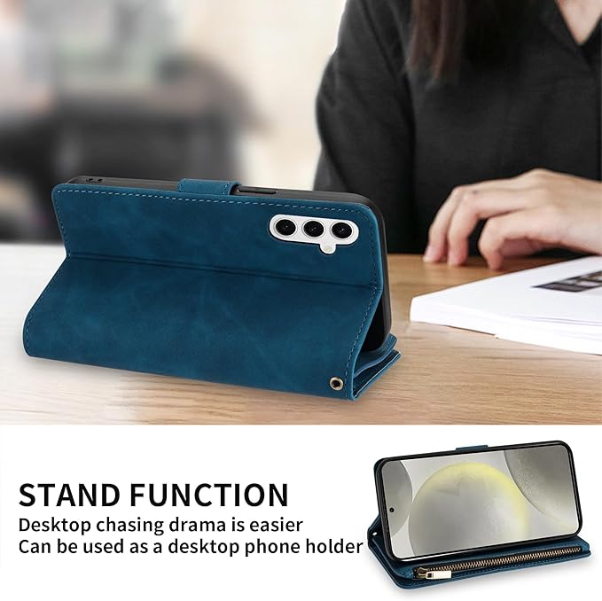 ZZXX for Samsung Galaxy S24 Wallet Case with RFID Blocking Card Slot PU Leather Zipper Flip Folio with Strap Kickstand Protective Cover for Samsung Galaxy S24 Case Wallet(Blue-6.2 inch)