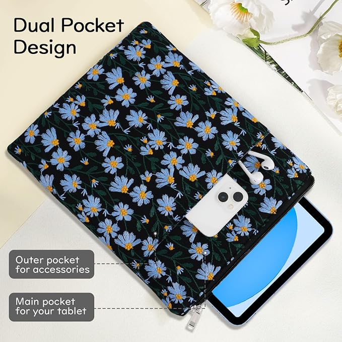 9-11 Inch Embroidered Daisy Padded Carrying Case Protective Tablet Sleeve for iPad A16 11th Gen 11"/10th Gen 10.9", iPad Air 11"/Pro 11"/Air 5th 4th 10.9", Galaxy Tab A9+ Plus 11", Black