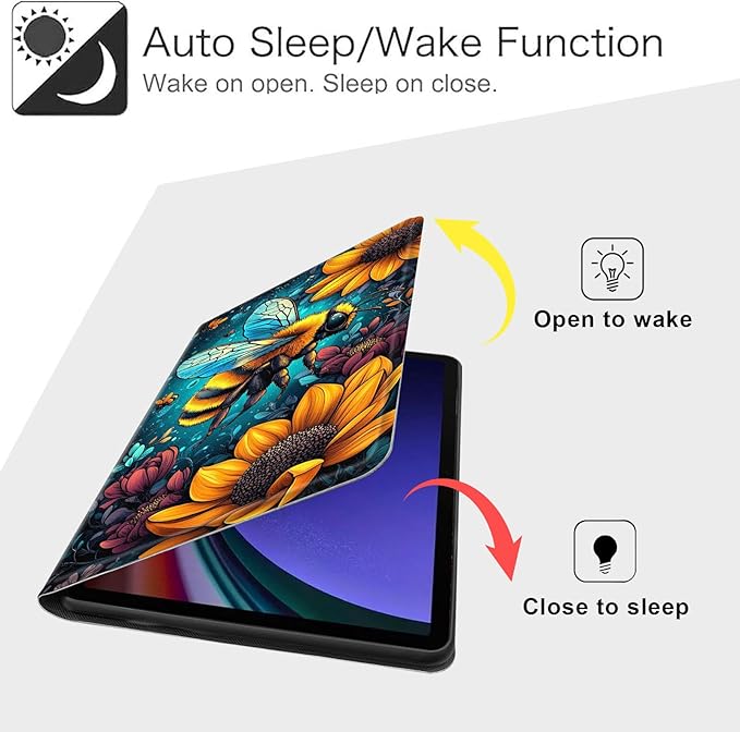Case for Samsung Galaxy Tab S10 FE/ S9 FE 5G 10.9 Inch/Tab S9 11 Inch, Slim PU Leather Stand Cover with Auto Wake/Sleep, Multi-Angle Viewing & Shockproof, Colorful Bee