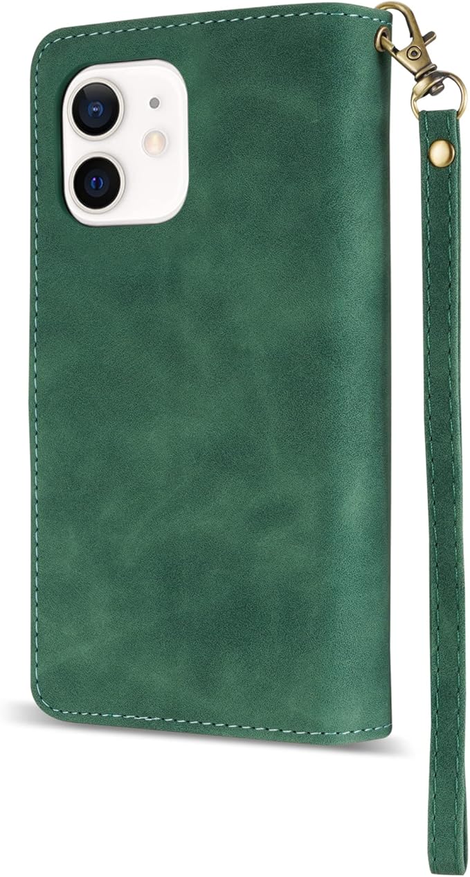 ZZXX for iPhone 12 Mini Wallet Case with Card Slot Premium Soft PU Leather Zipper Flip Folio Wallet with Wrist Strap Kickstand Protective for iPhone 12 Mini Case Wallet(Green 5.4 inch)