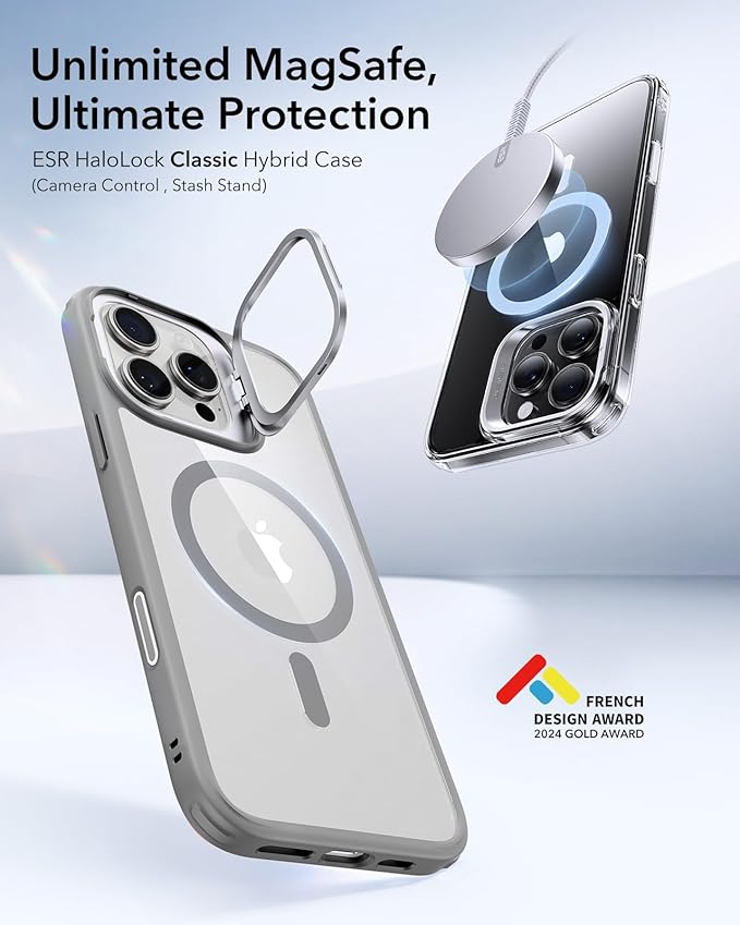 ESR for iPhone 16 Pro Max Case,Camera Control Button Compatible with MagSafe, Military-Grade Protective Case, Built-in Stash Stand Phone Case, Scratch-Resistant Back Cover, Classic Series, Clear Grey