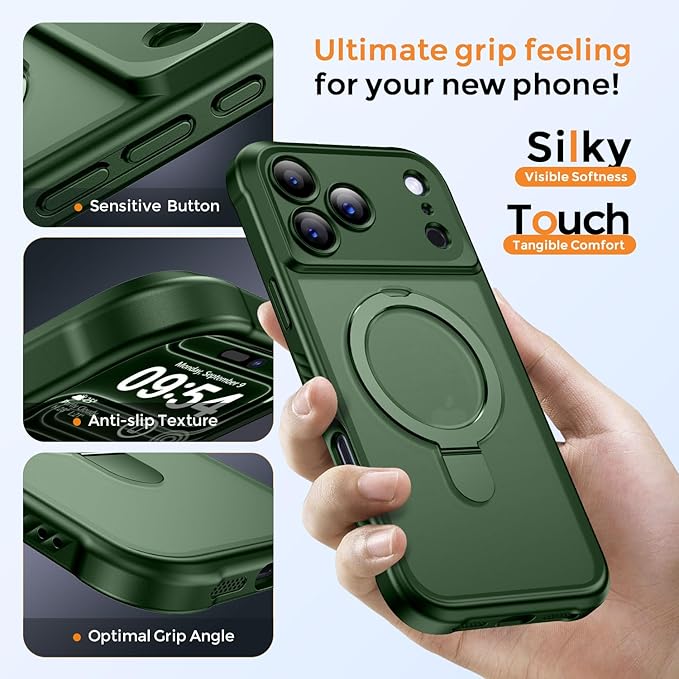MOCCA Compatible with iPhone 17 Pro Case with Magnetic Invisible Stand [Full Camera Protection] [Compatible with Magsafe] Military Drop Shockproof Translucent Matte Phone Case Cover 6.3",Dark Green