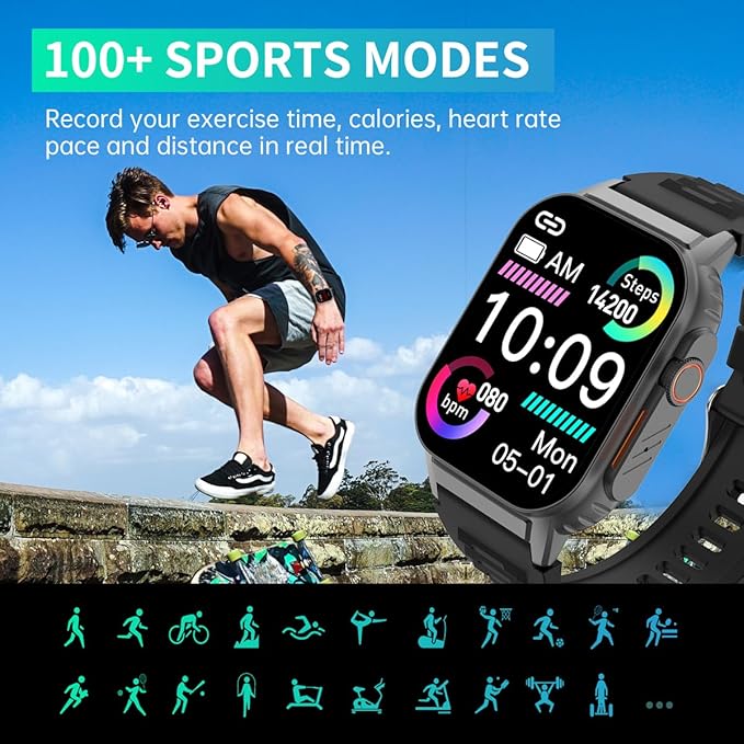 Smart Watch(Answer/Make Call), 2.01" Smartwatch for Men Women, IP67 Waterproof, 100+ Sport Modes Fitness Tracker, Heart Rate Sleep Monitor, AI Voice, Smart Watches for Android iOS Phones