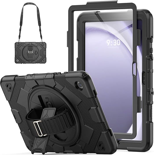 HXCASEAC Case for Samsung Galaxy Tab A9 Plus/A9+ 11 Inch with Screen Protector/Adjustable Hand Strap/Pen Holder, 3-Layer Drop Proof SM-X210/X216/X218- Black