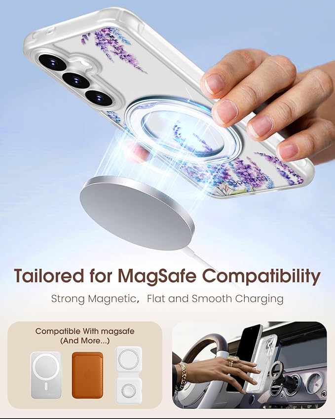 for Samsung Galaxy S25 Case with 360° Rotatable Magnetic Ring - Compatible with MagSafe, Semi-Transparent Soft-Touch Material Shockproof, Cute Purple Floral Design for Women Girl