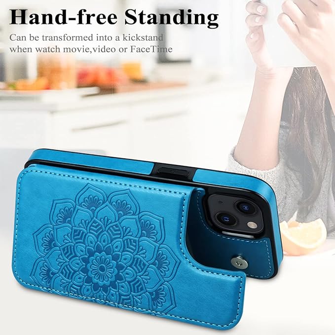 MMHUO for iPhone 14 Case with Card Holder, Flower Magnetic Back Flip Case for iPhone 14 Wallet Case for Women, Protective Case Phone Case for iPhone 14,Blue