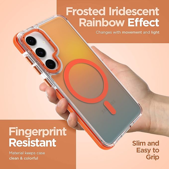 MOWIME Magnetic Case for Samsung Galaxy S24 [Compatible with Magsafe] [Cute Fashion Fluorescent Design] [1 Screen Protector] Slim Translucent Matte Case for Galaxy S24 6.2", Orange